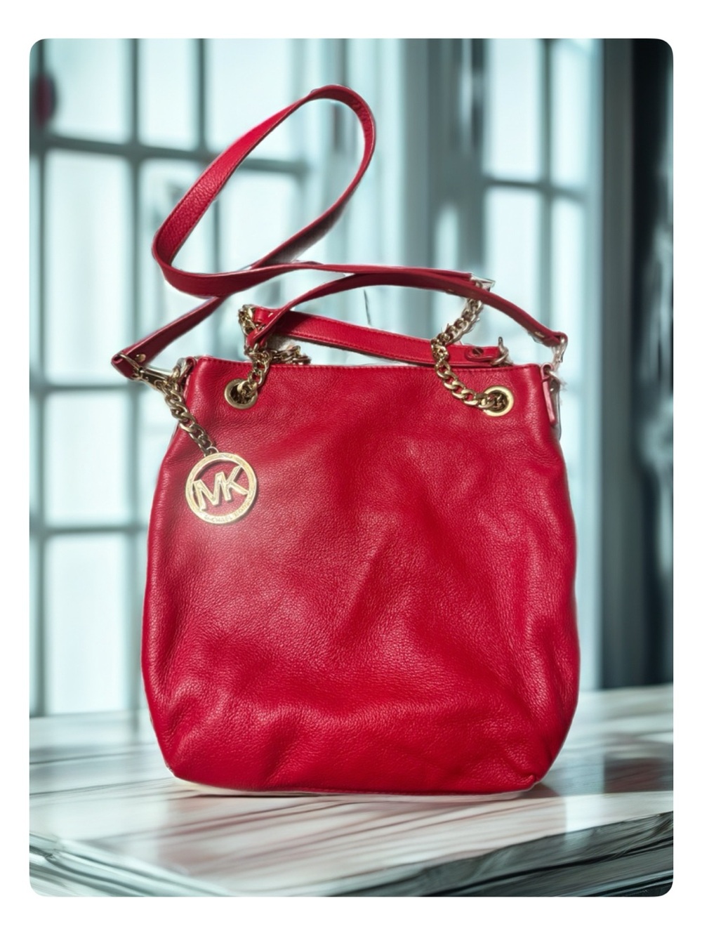 Michael Kors Red Leather Shoulder Tote with Gold Chain Detail